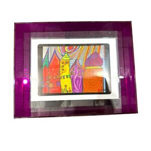 Vintage Hundertwasser Original Foil Litho Postcard Purple Acrylic Float Frame